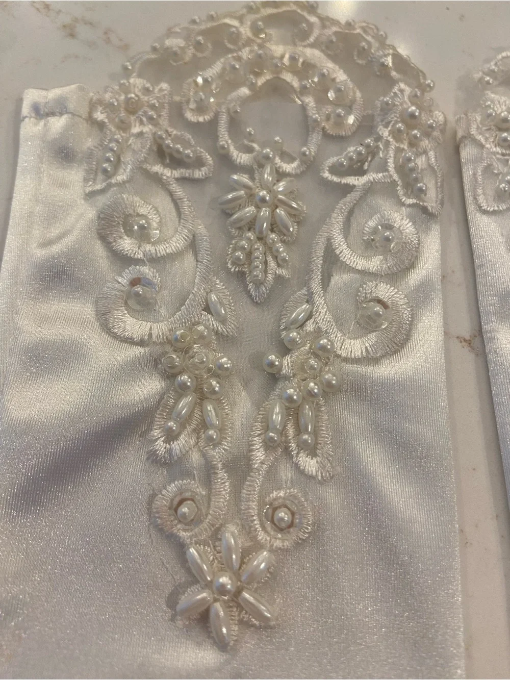 Vintage Bridal Gloves White Satin Elbow Length Stretch w/ Lace Detail NEW